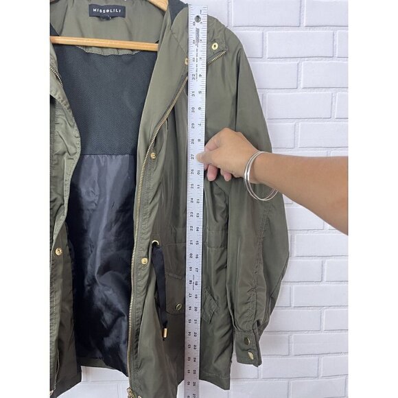 MISS LILI Lightweight Jacket Coat Zip Womens Petite Small Green Silky Tie Waist - Picture 5 of 12